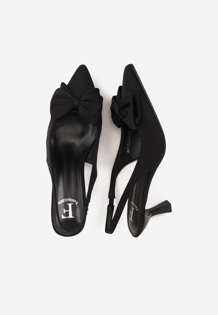 Czarne Sandały Slingback na Kaczuszce Zdobione Aplikacją z Kokardą Teniane