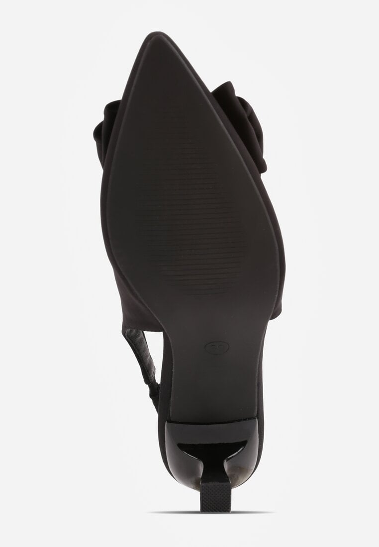 Czarne Sandały Slingback na Kaczuszce Zdobione Aplikacją z Kokardą Teniane