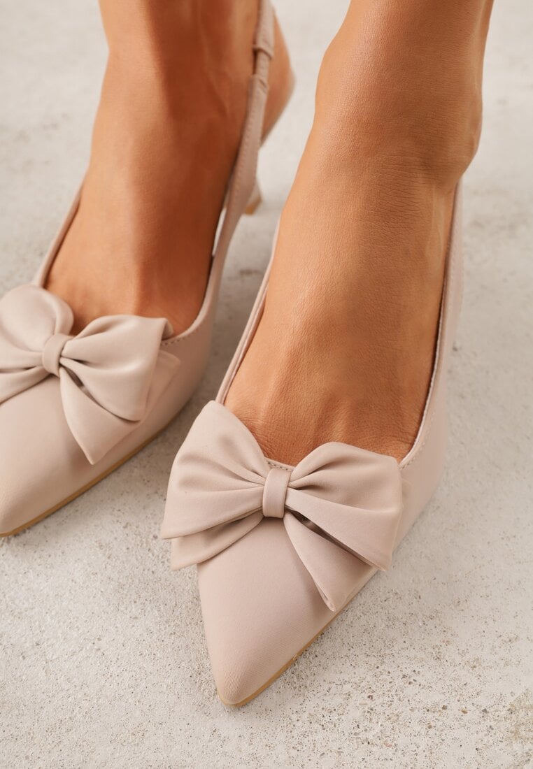 Beżowe Sandały Slingback na Kaczuszce Zdobione Aplikacją z Kokardą Teniane