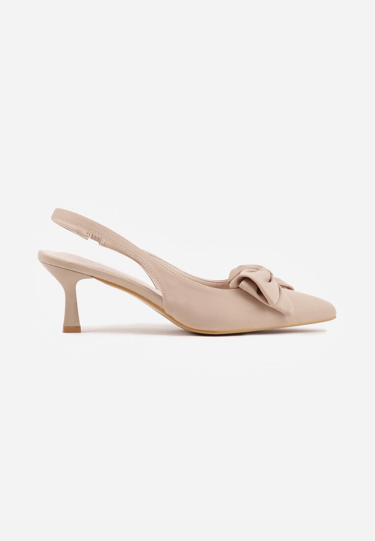 Beżowe Sandały Slingback na Kaczuszce Zdobione Aplikacją z Kokardą Teniane