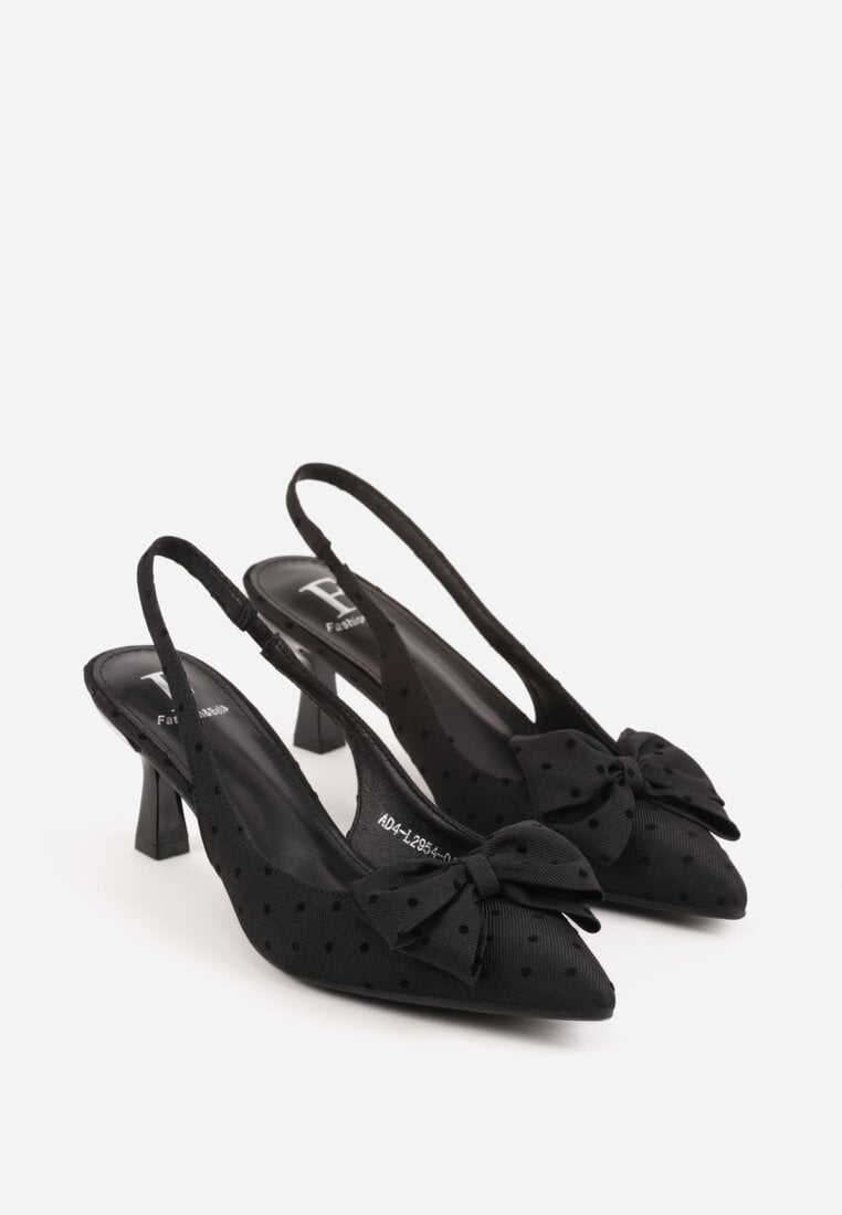 Czarne Sandały Slingback na Kaczuszce Zdobione Aplikacją z Kokardą Tenianee