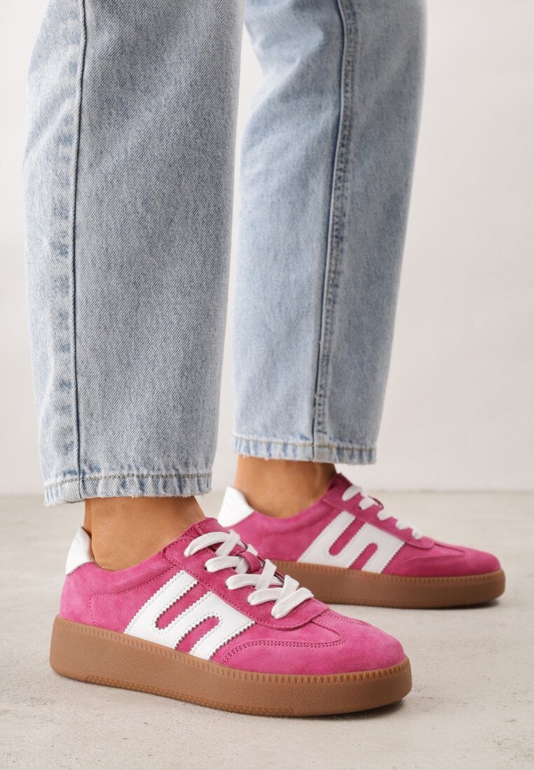 Fuksjowe Sneakersy Skórzane w Stylu Tenisówek z Geometrycznym Wzorem Eshiryla