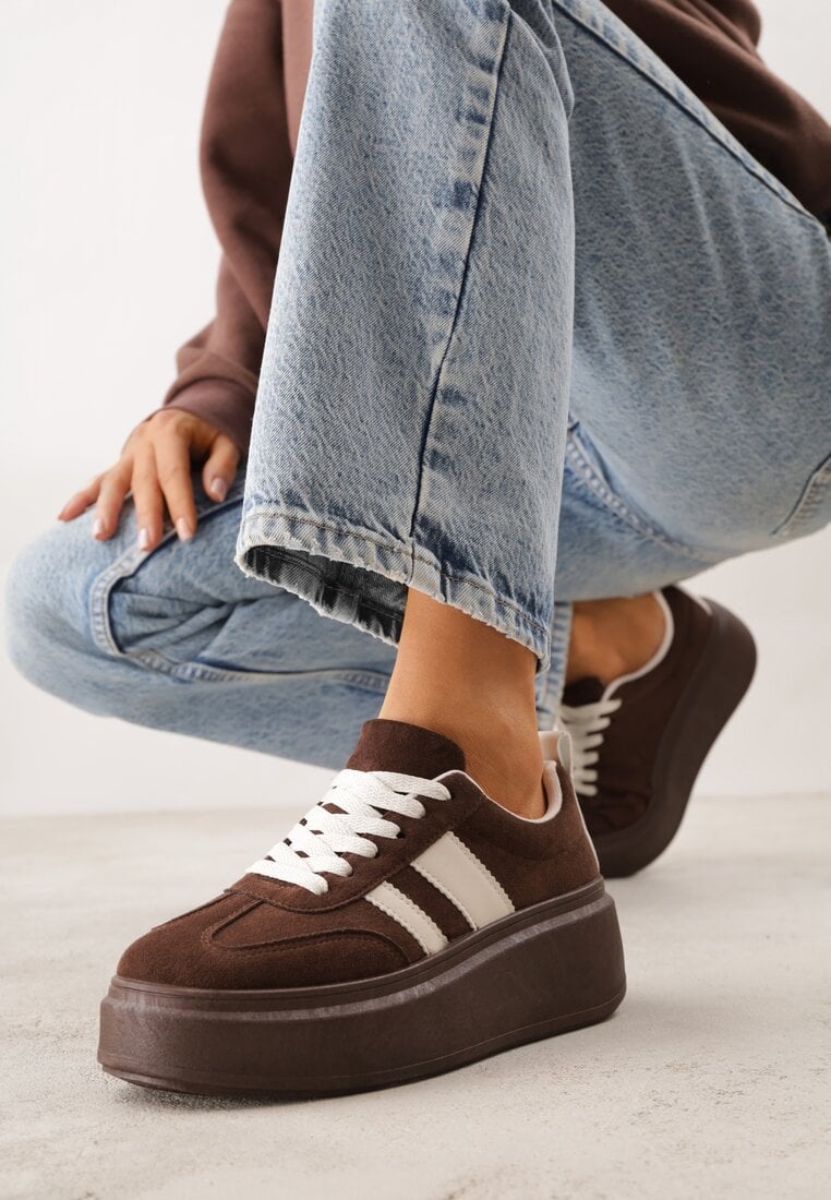 Brązowe Sneakersy Klasyczne Tenisówki na Grubej Podeszwie z Koturnem Adessia