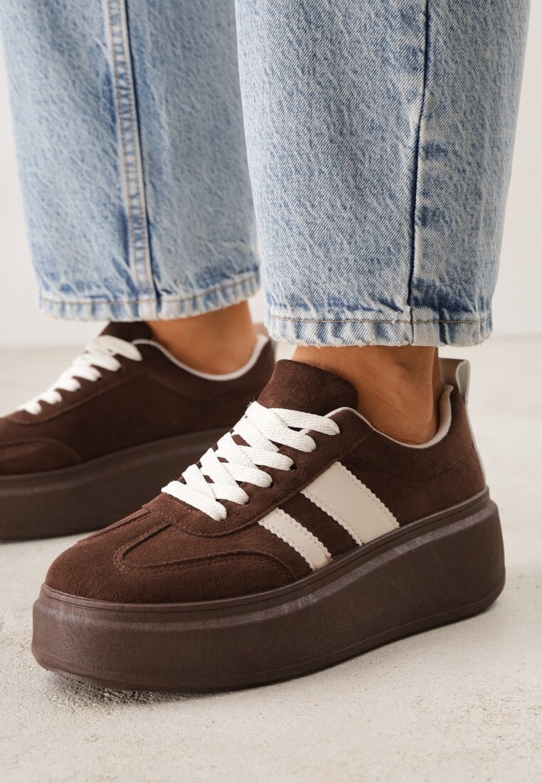 Brązowe Sneakersy Klasyczne Tenisówki na Grubej Podeszwie z Koturnem Adessia