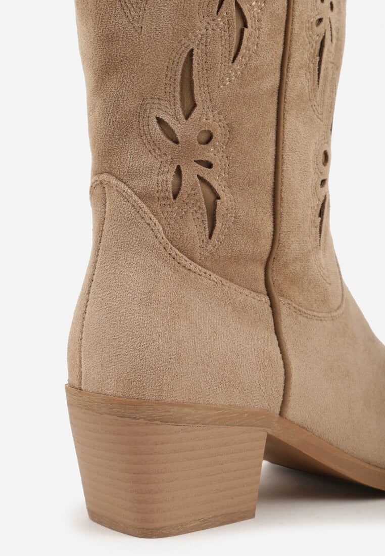 Ciemnobeżowe Ażurowe Botki Kowbojki na Stożku z Imitacji Zamszu Hephiane