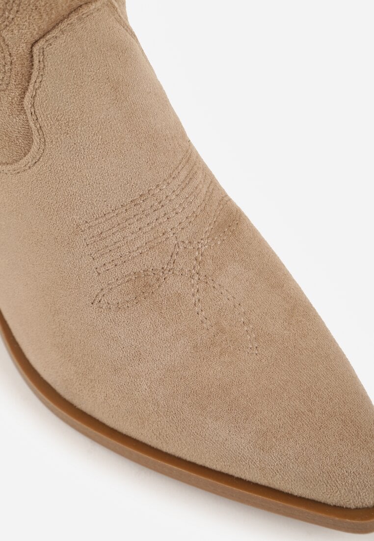 Ciemnobeżowe Ażurowe Botki Kowbojki na Stożku z Imitacji Zamszu Hephiane