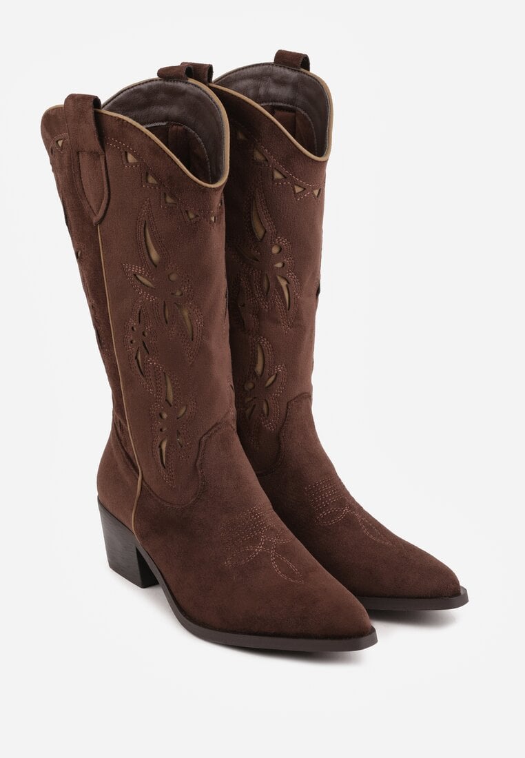 Brązowe Ażurowe Botki Kowbojki na Stożku z Imitacji Zamszu Hephiane