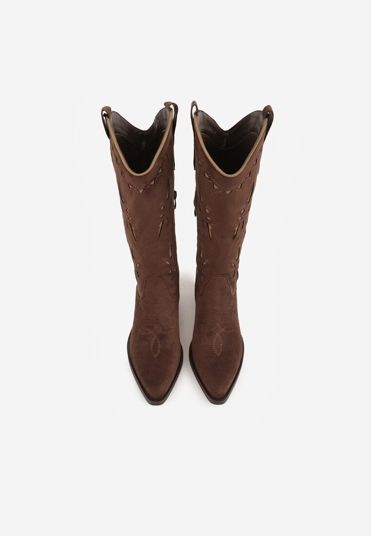 Brązowe Ażurowe Botki Kowbojki na Stożku z Imitacji Zamszu Hephiane