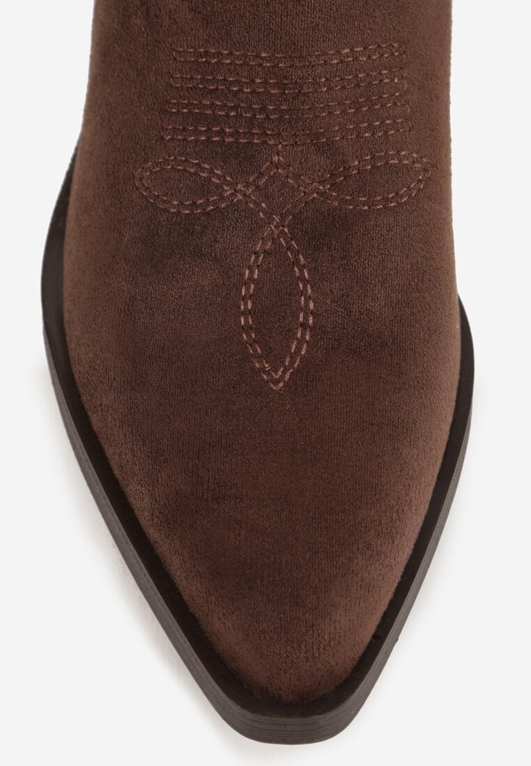 Brązowe Ażurowe Botki Kowbojki na Stożku z Imitacji Zamszu Hephiane