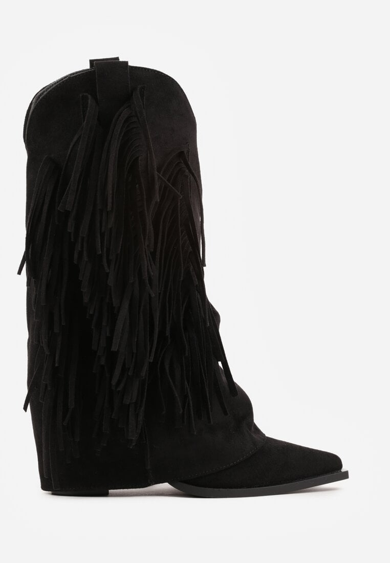 Czarne Botki Kowbojki na Słupku Ozdobione Frędzlami  i Wywiniętą Cholewką Aedime