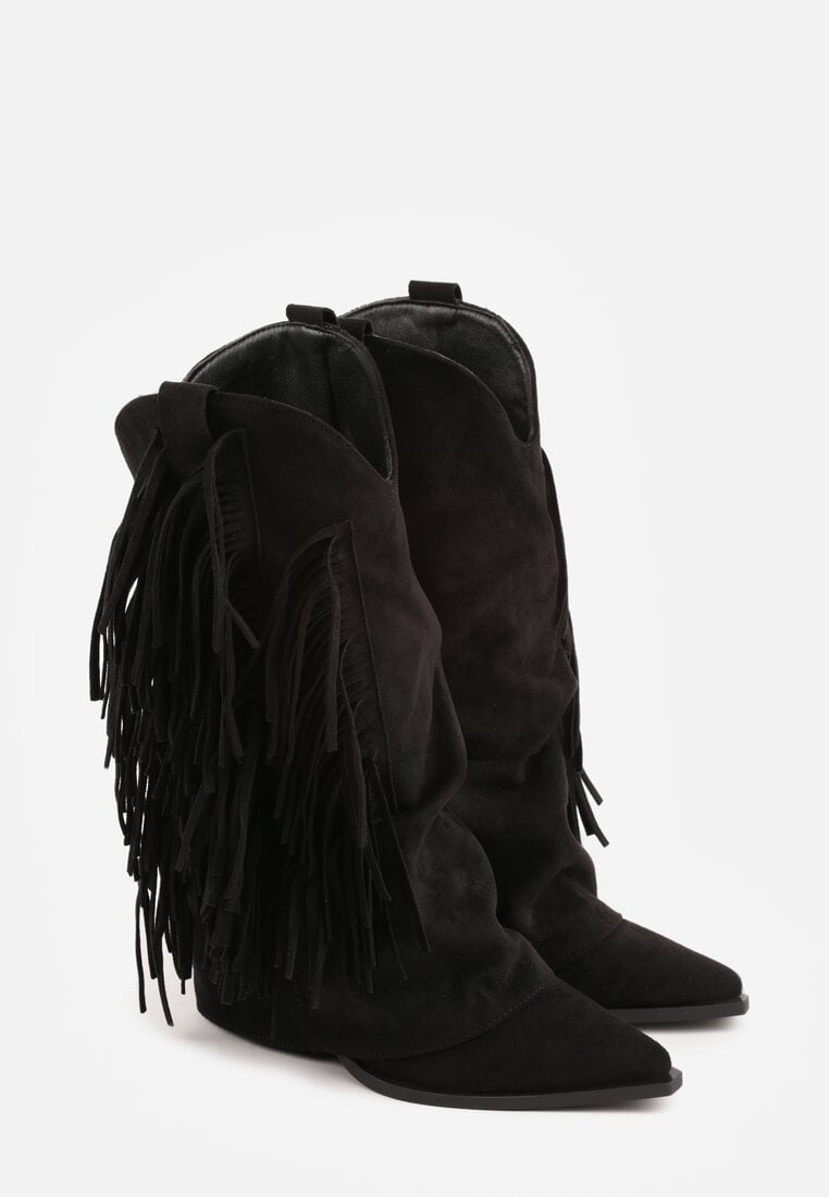 Czarne Botki Kowbojki na Słupku Ozdobione Frędzlami  i Wywiniętą Cholewką Aedime