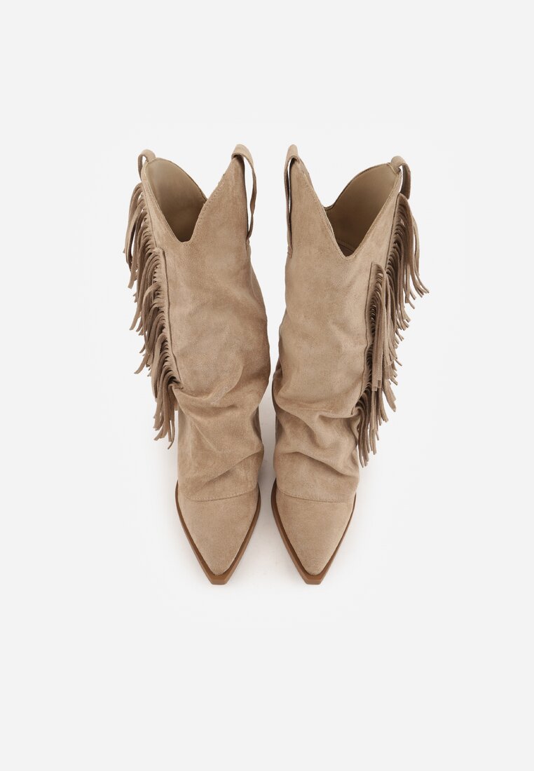 Ciemnobeżowe Botki Kowbojki na Słupku Ozdobione Frędzlami  i Wywiniętą Cholewką Aedime