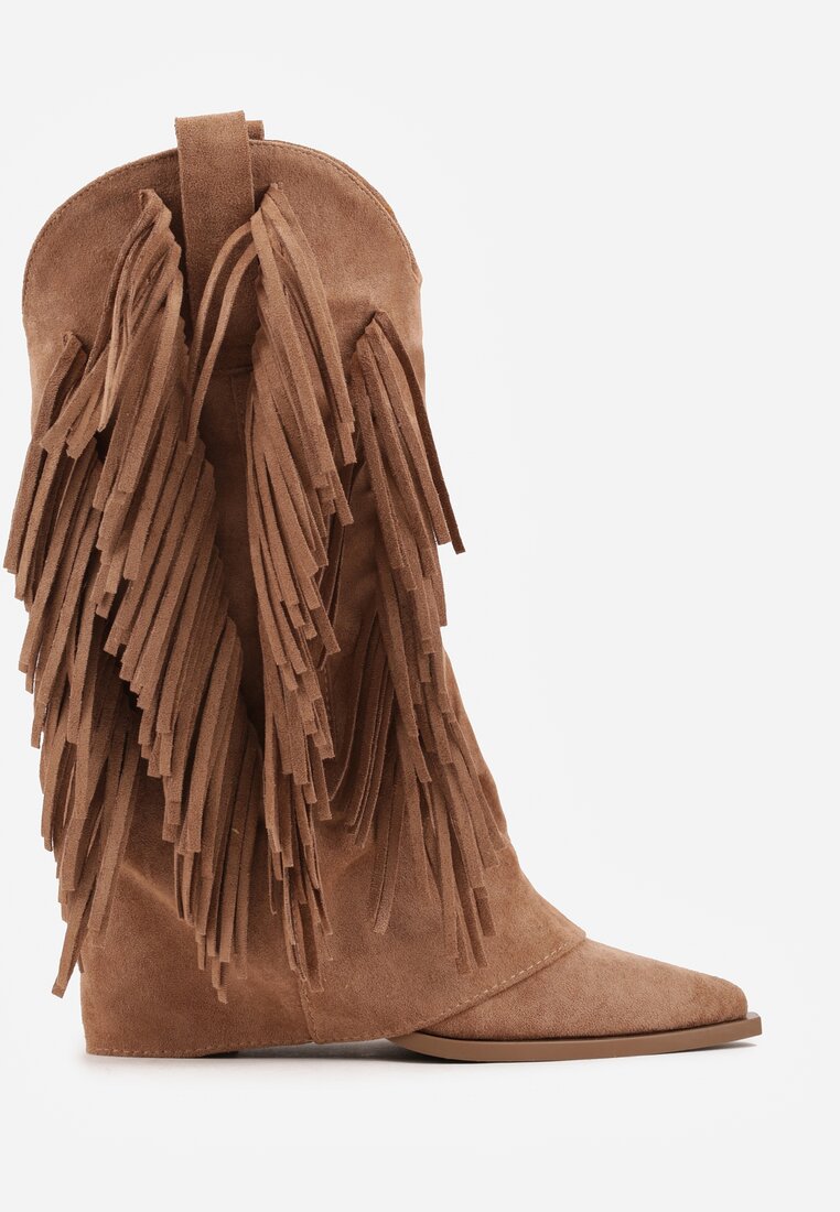 Brązowe Botki Kowbojki na Słupku Ozdobione Frędzlami  i Wywiniętą Cholewką Aedime