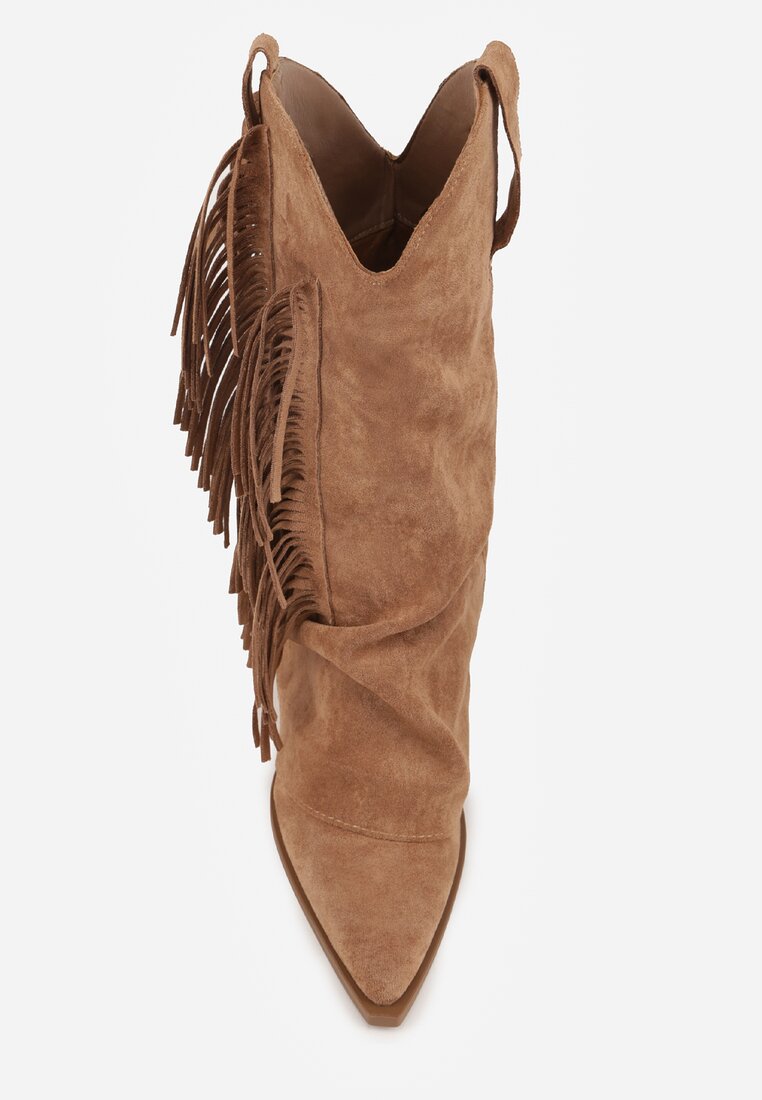Brązowe Botki Kowbojki na Słupku Ozdobione Frędzlami  i Wywiniętą Cholewką Aedime