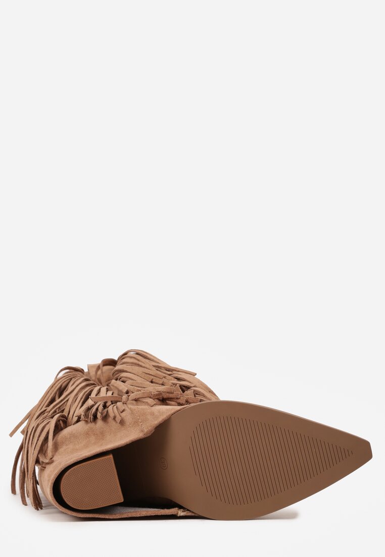 Brązowe Botki Kowbojki na Słupku Ozdobione Frędzlami  i Wywiniętą Cholewką Aedime