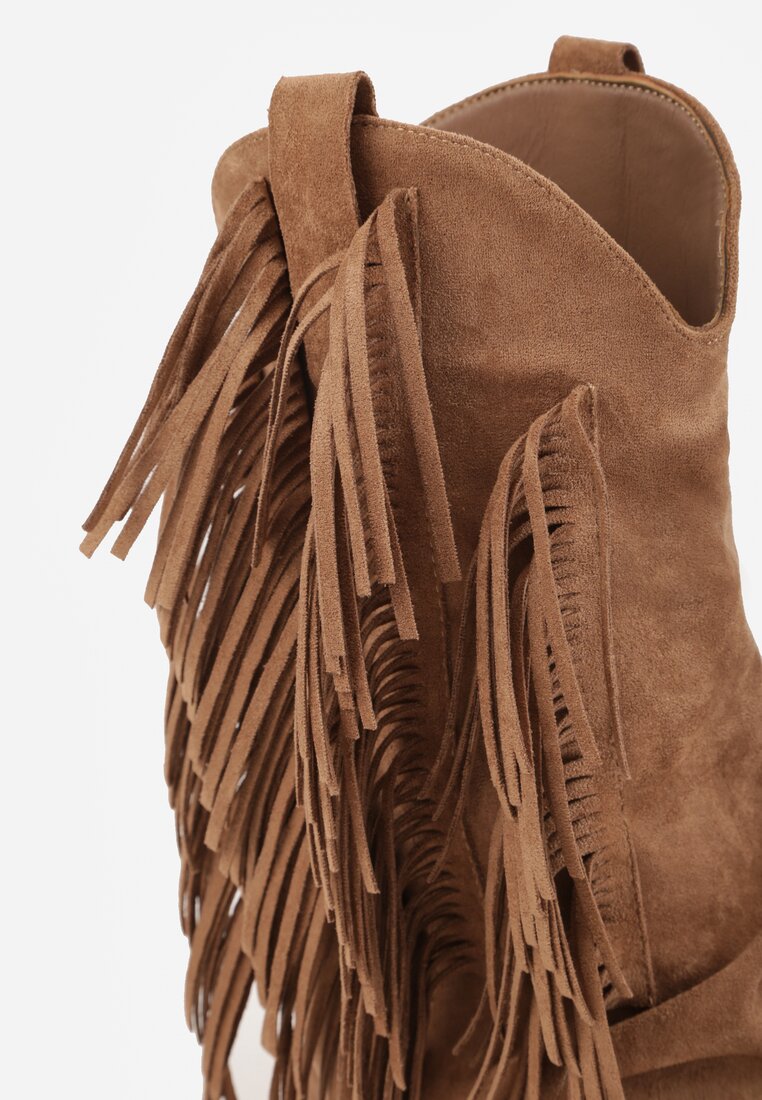 Brązowe Botki Kowbojki na Słupku Ozdobione Frędzlami  i Wywiniętą Cholewką Aedime