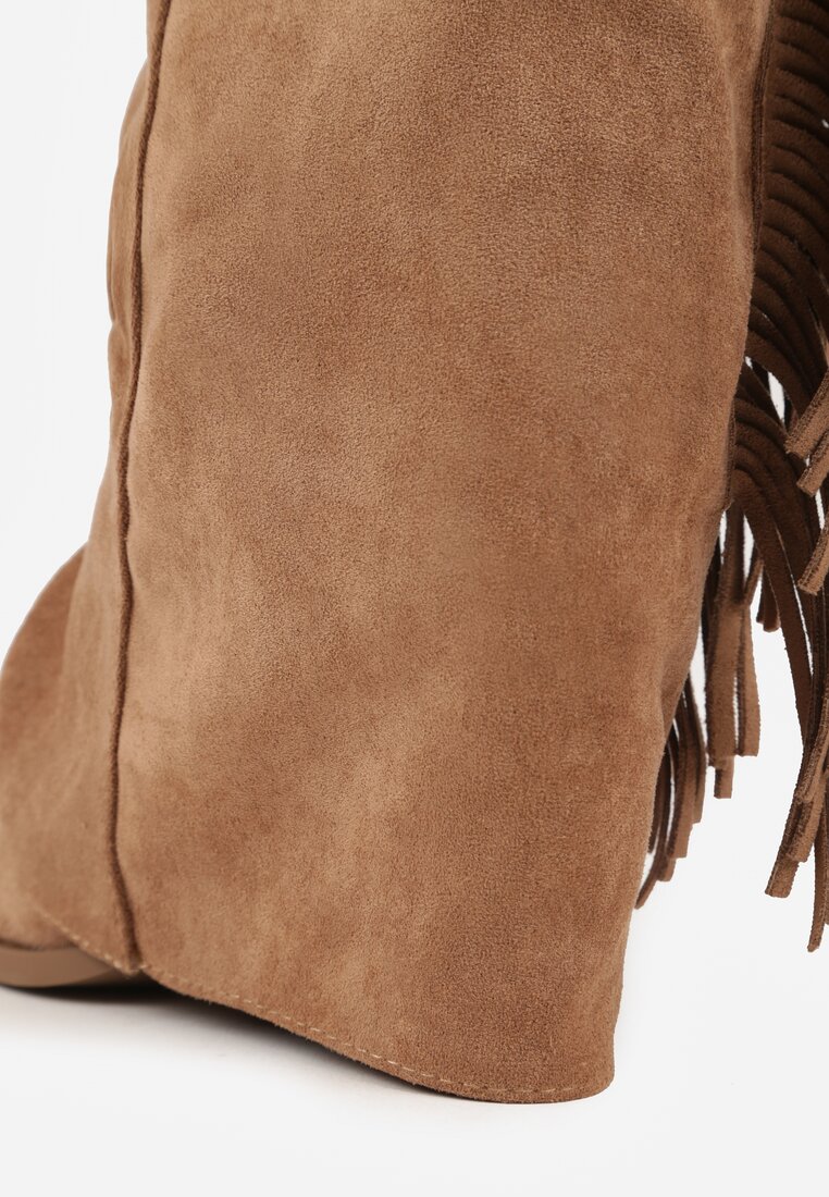 Brązowe Botki Kowbojki na Słupku Ozdobione Frędzlami  i Wywiniętą Cholewką Aedime