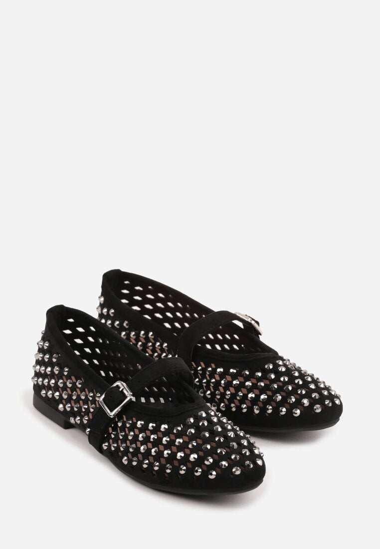 Czarne Balerinki w Stylu Mary Jane z Cyrkoniami i Ażurową Cholewką Lyphenne