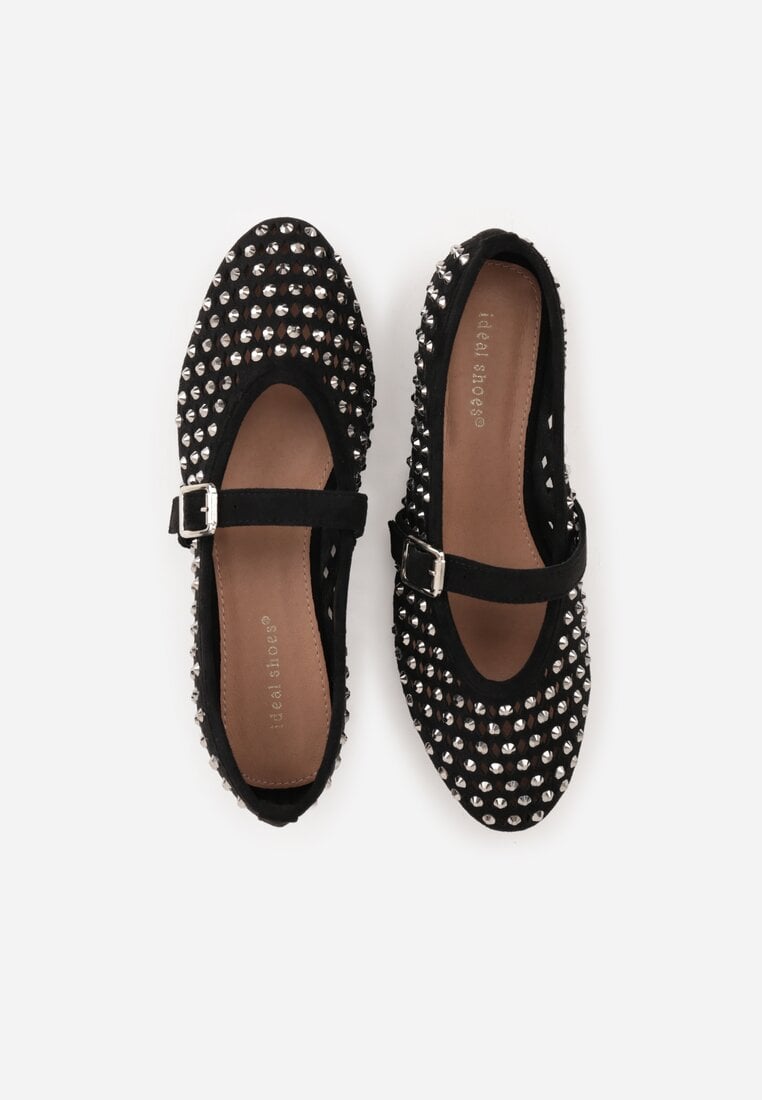 Czarne Balerinki w Stylu Mary Jane z Cyrkoniami i Ażurową Cholewką Lyphenne