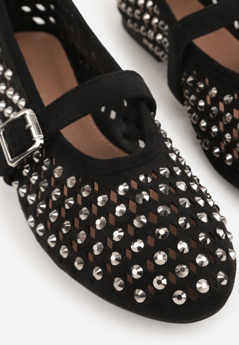 Czarne Balerinki w Stylu Mary Jane z Cyrkoniami i Ażurową Cholewką Lyphenne