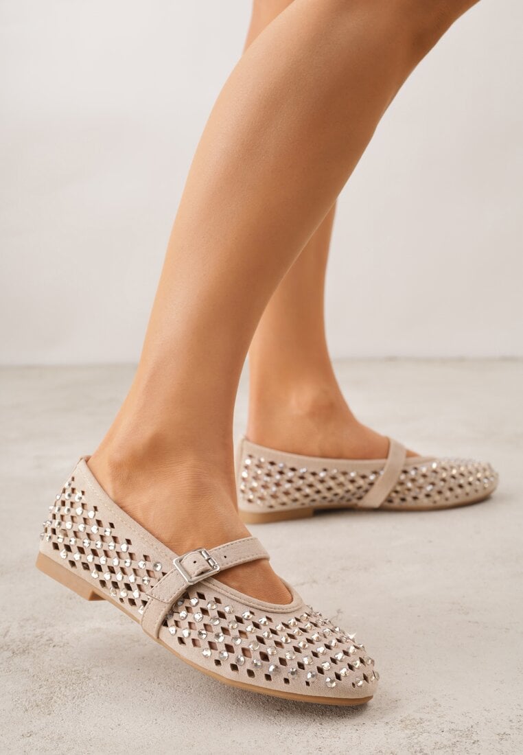 Ciemnobeżowe Balerinki w Stylu Mary Jane z Cyrkoniami i Ażurową Cholewką Lyphenne