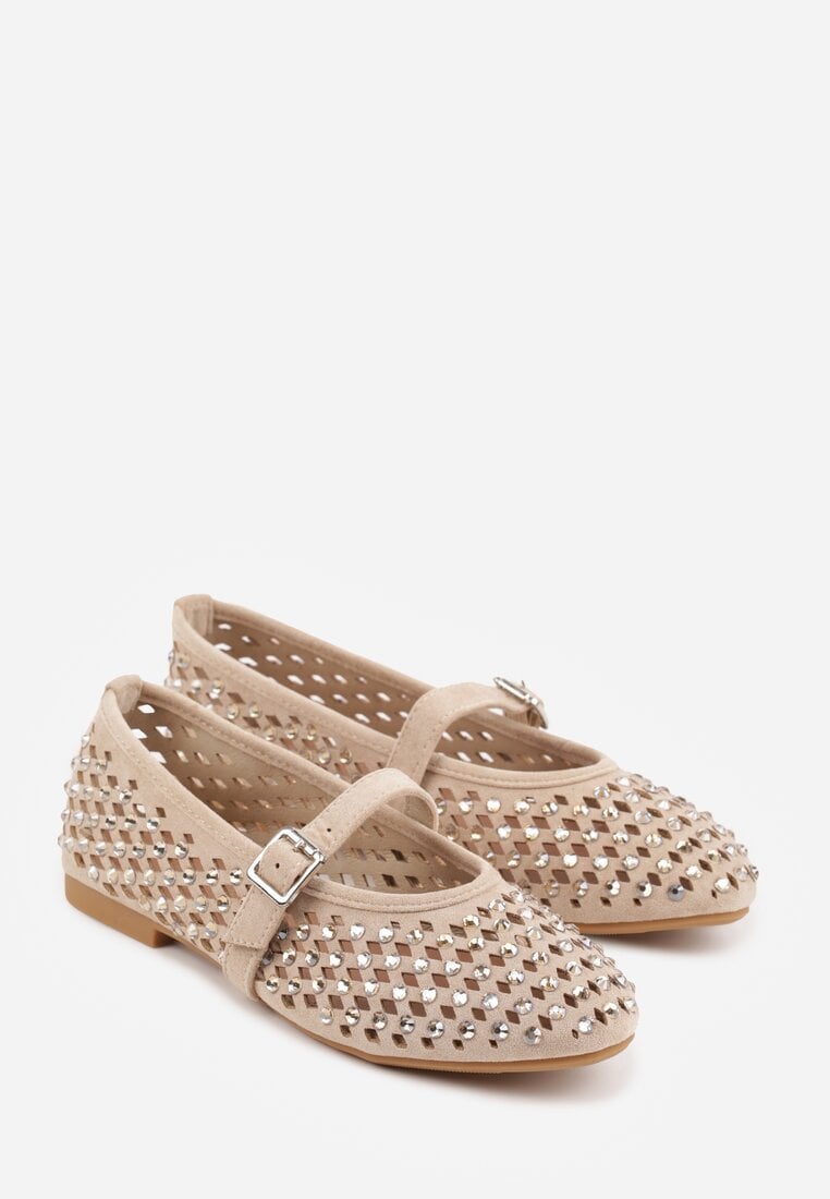 Ciemnobeżowe Balerinki w Stylu Mary Jane z Cyrkoniami i Ażurową Cholewką Lyphenne