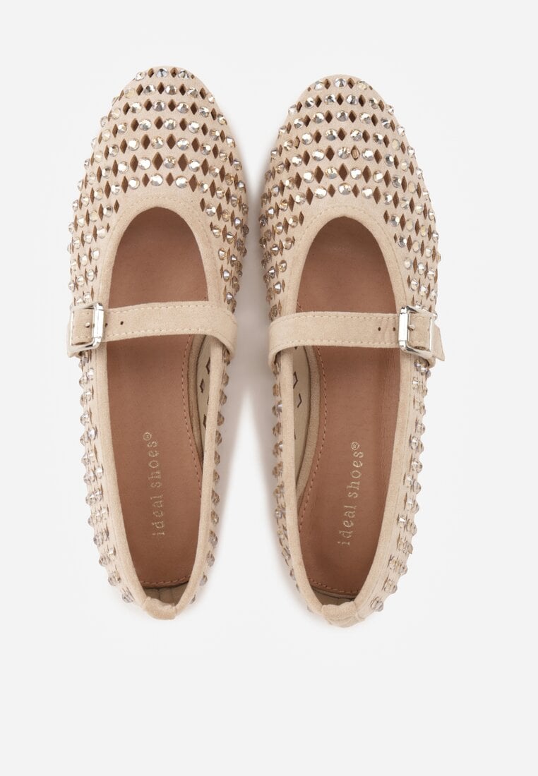 Ciemnobeżowe Balerinki w Stylu Mary Jane z Cyrkoniami i Ażurową Cholewką Lyphenne