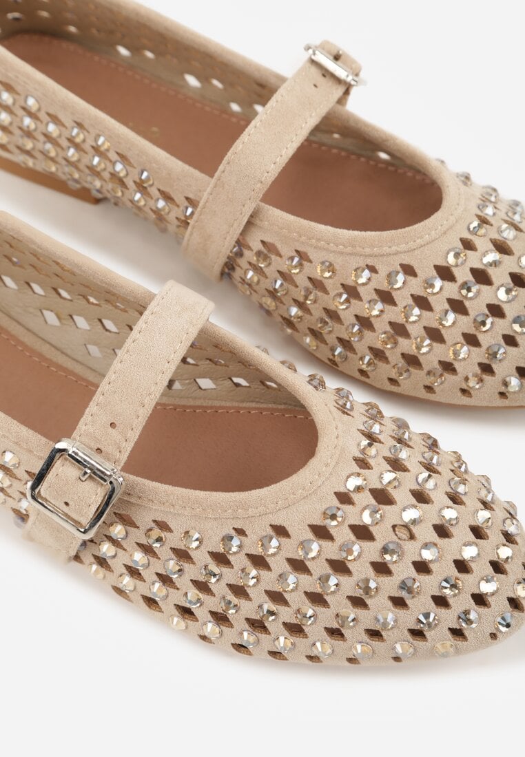 Ciemnobeżowe Balerinki w Stylu Mary Jane z Cyrkoniami i Ażurową Cholewką Lyphenne