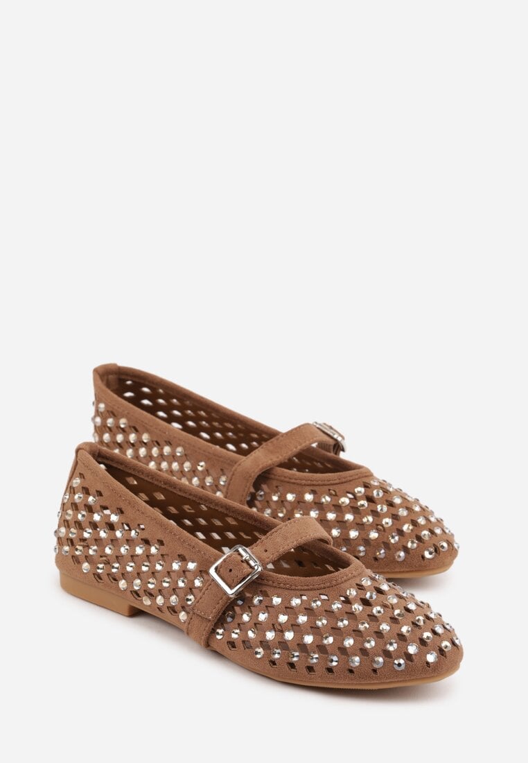 Brązowe Balerinki w Stylu Mary Jane z Cyrkoniami i Ażurową Cholewką Lyphenne