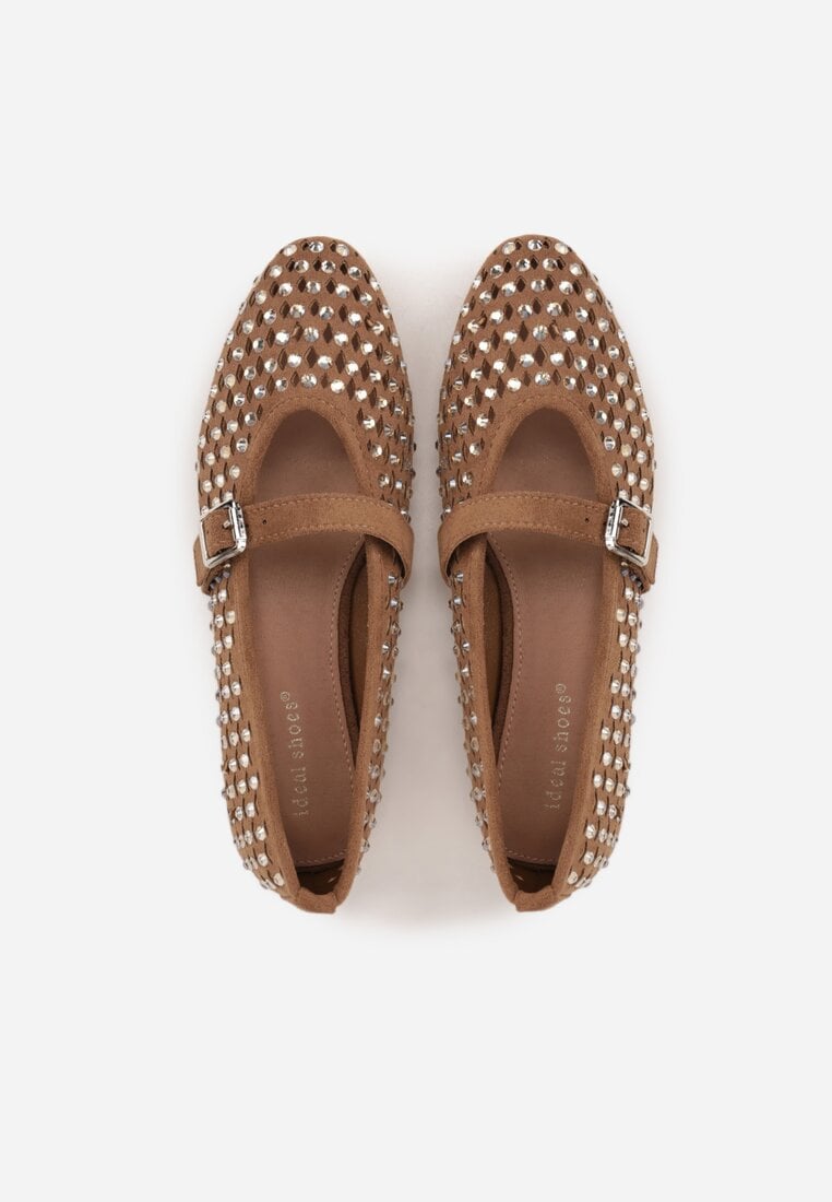 Brązowe Balerinki w Stylu Mary Jane z Cyrkoniami i Ażurową Cholewką Lyphenne