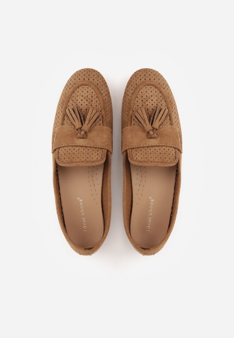 Jasnobrązowe Perforowane Mokasyny z Imitacji Zamszu Zdobione Frędzlami Vaeliane