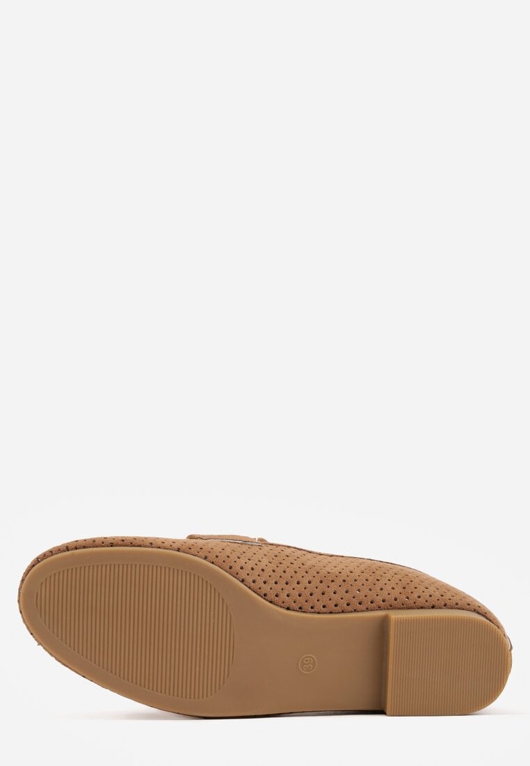 Jasnobrązowe Perforowane Mokasyny z Imitacji Zamszu Zdobione Frędzlami Vaeliane