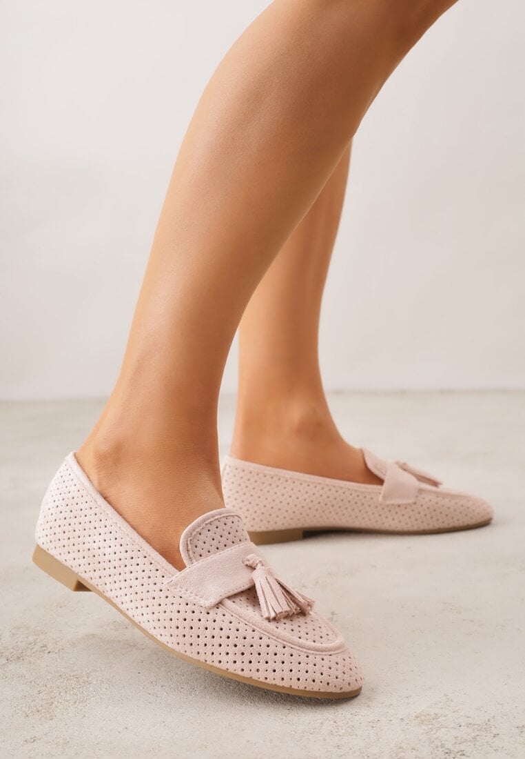 Różowe Perforowane Mokasyny z Imitacji Zamszu Zdobione Frędzlami Vaeliane