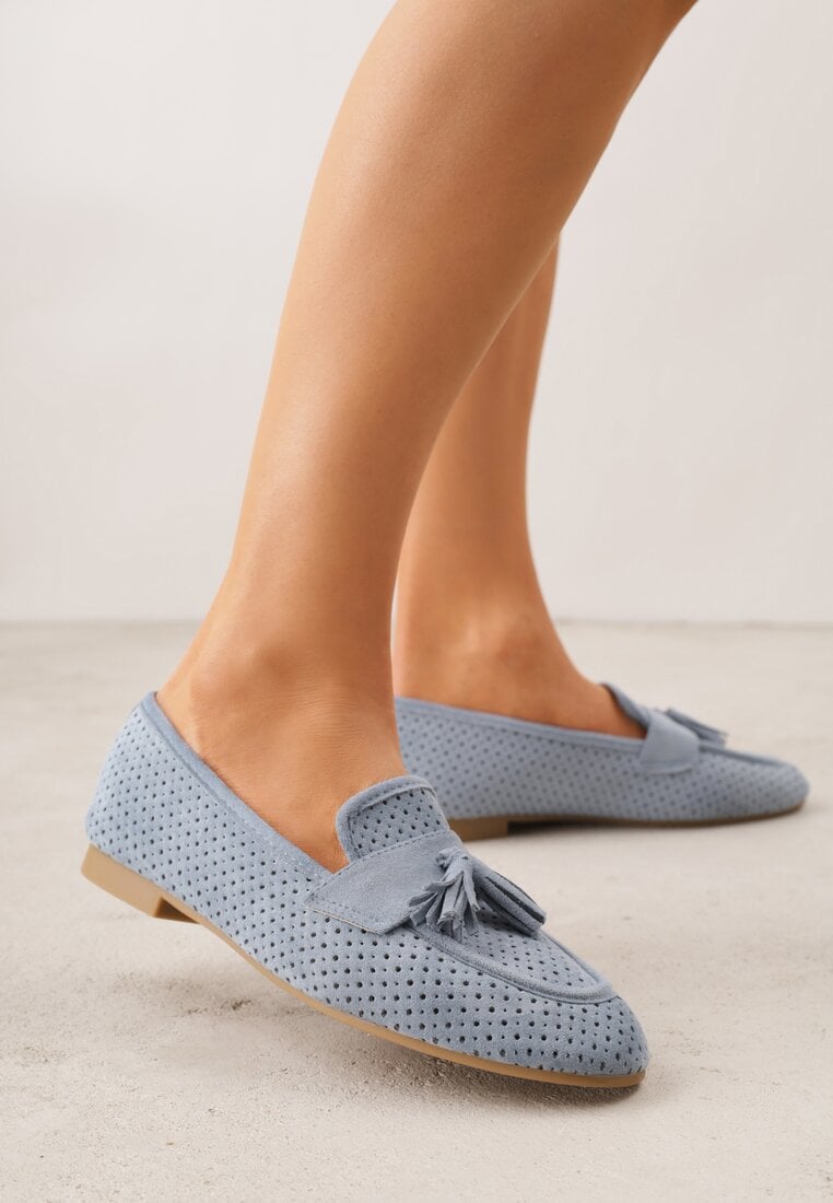 Niebieskie Perforowane Mokasyny z Imitacji Zamszu Zdobione Frędzlami Vaeliane