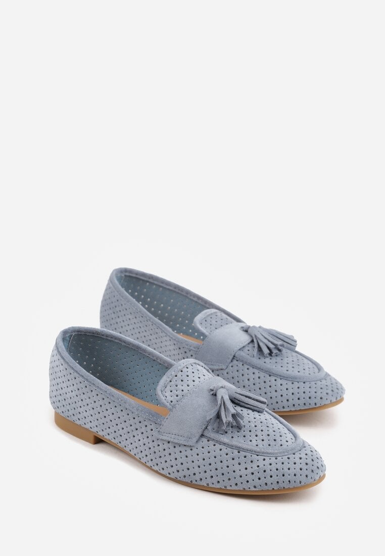 Niebieskie Perforowane Mokasyny z Imitacji Zamszu Zdobione Frędzlami Vaeliane