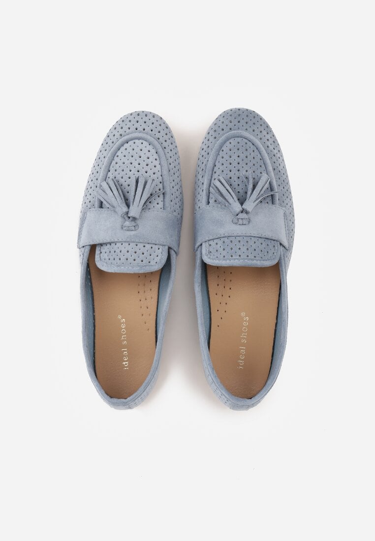 Niebieskie Perforowane Mokasyny z Imitacji Zamszu Zdobione Frędzlami Vaeliane