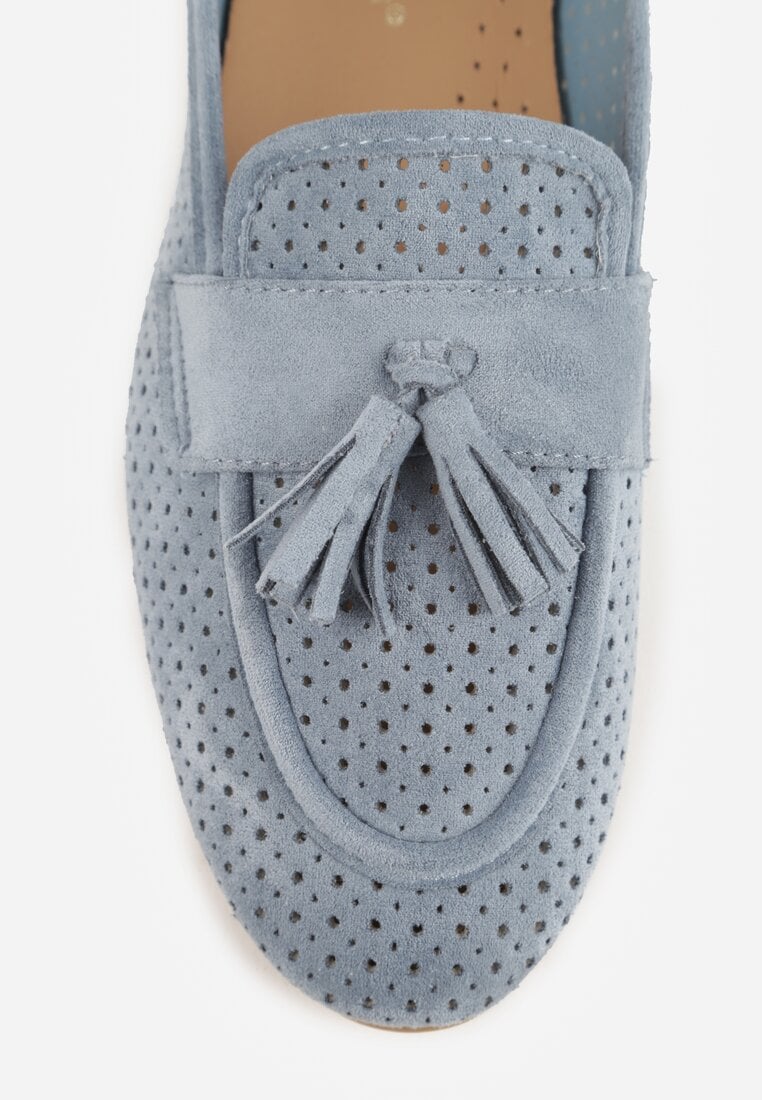 Niebieskie Perforowane Mokasyny z Imitacji Zamszu Zdobione Frędzlami Vaeliane