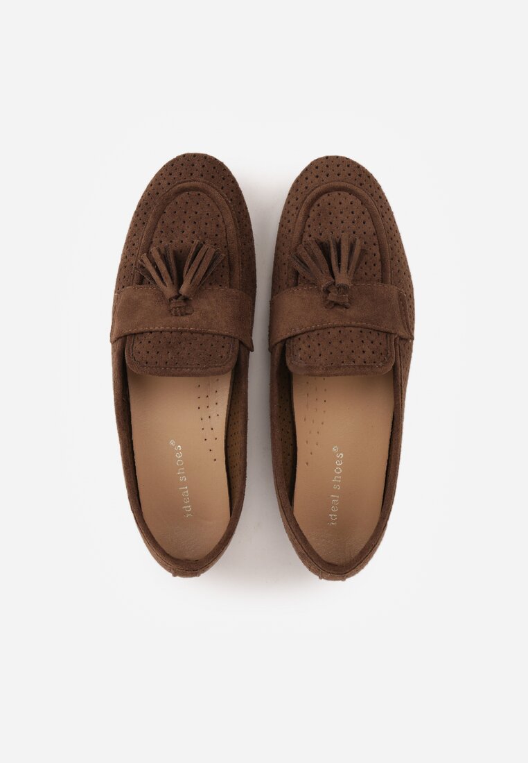 Brązowe Perforowane Mokasyny z Imitacji Zamszu Zdobione Frędzlami Vaeliane