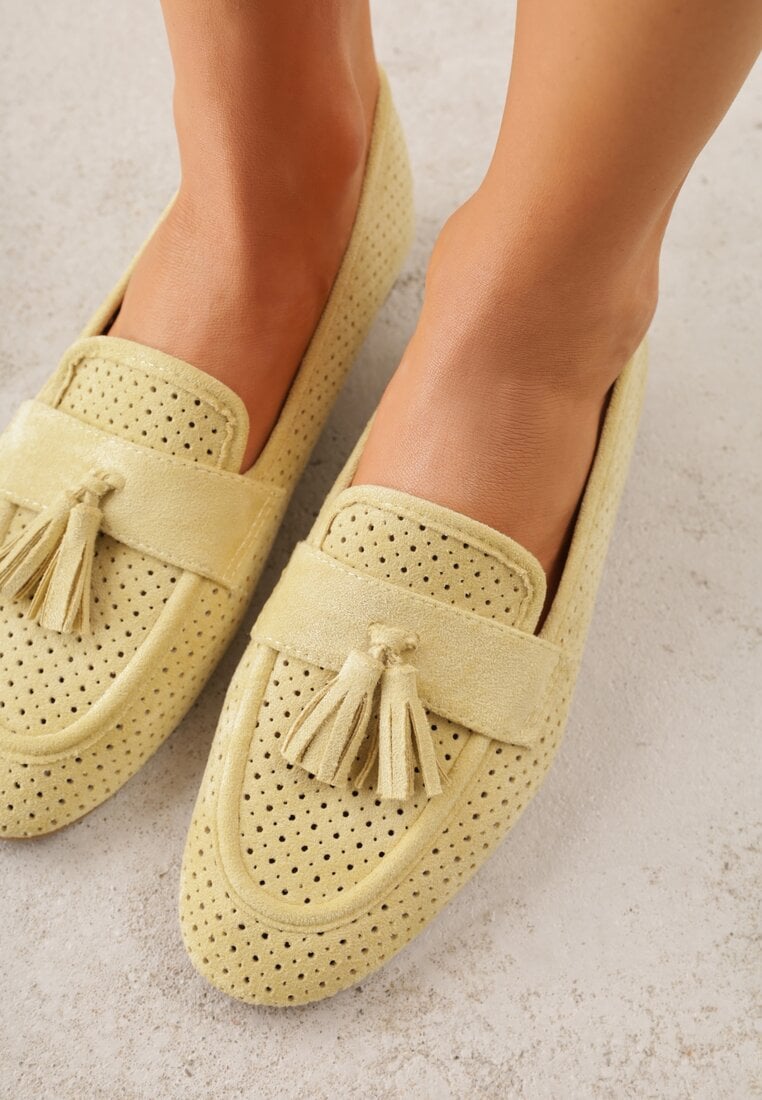 Żółte Perforowane Mokasyny z Imitacji Zamszu Zdobione Frędzlami Vaeliane