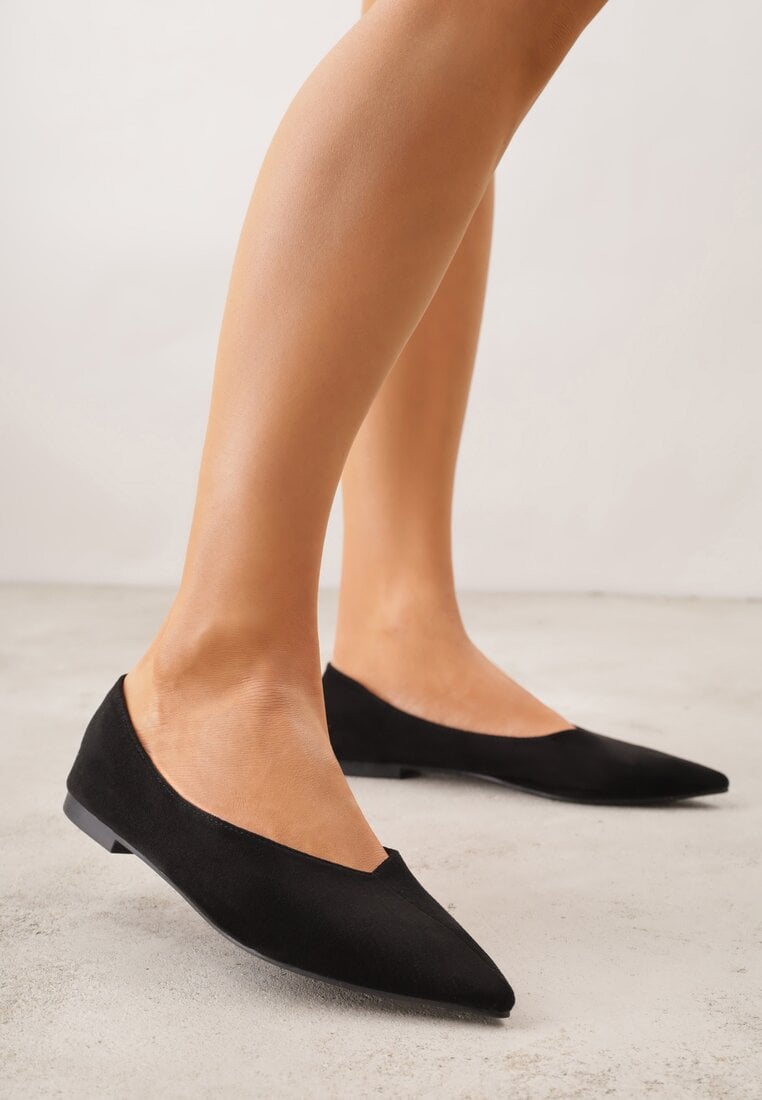 Czarne Balerinki z Imitacji Zamszu ze Szpiczastym Noskiem Melikel