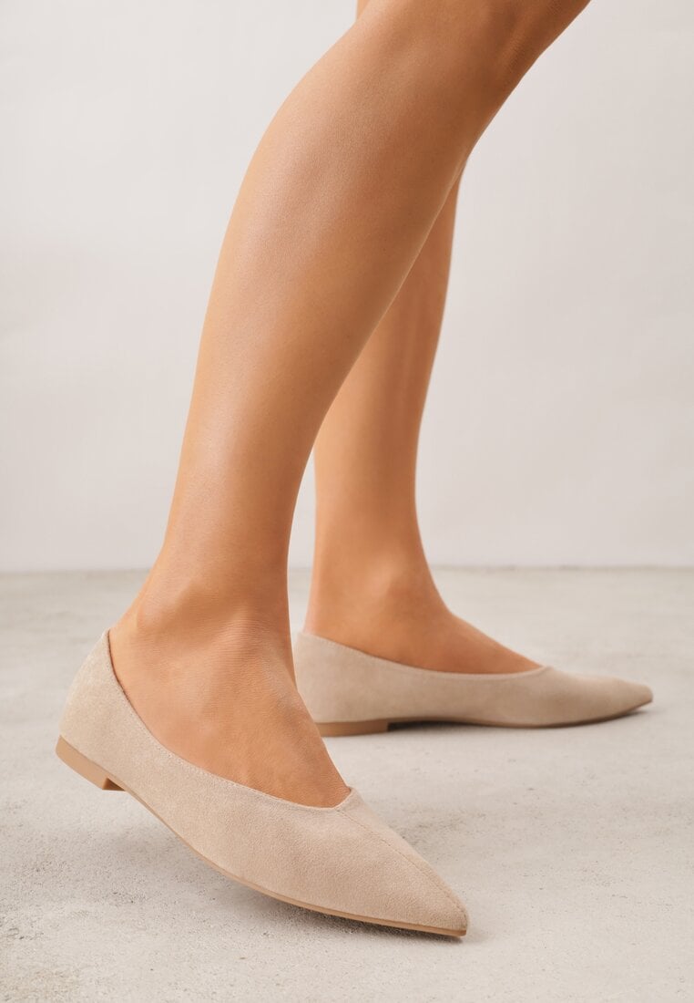 Beżowe Balerinki z Imitacji Zamszu ze Szpiczastym Noskiem Melikel