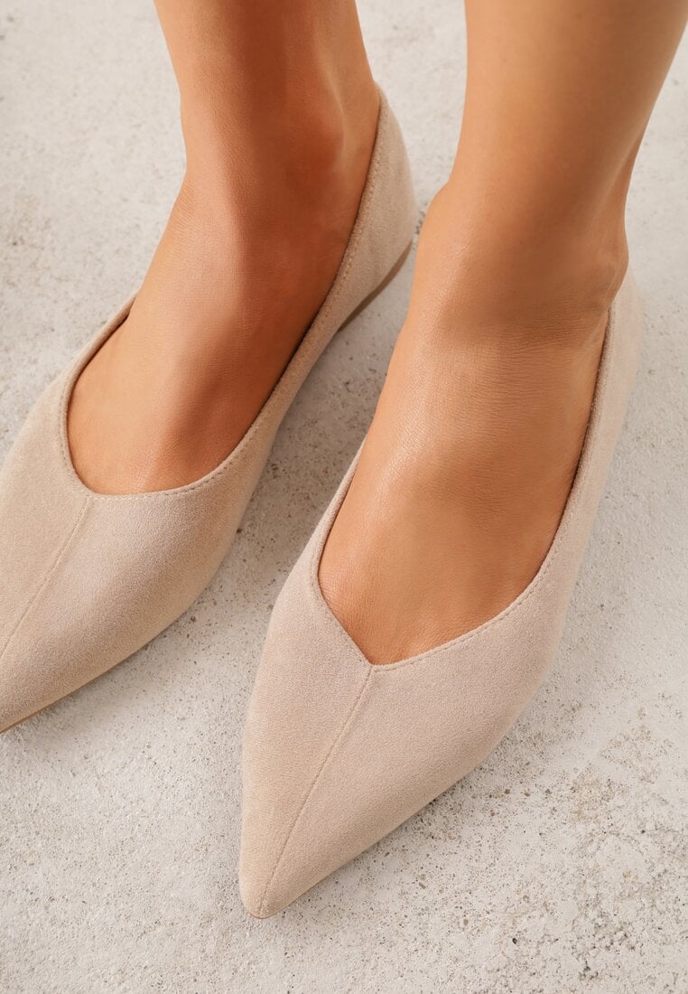 Beżowe Balerinki z Imitacji Zamszu ze Szpiczastym Noskiem Melikel