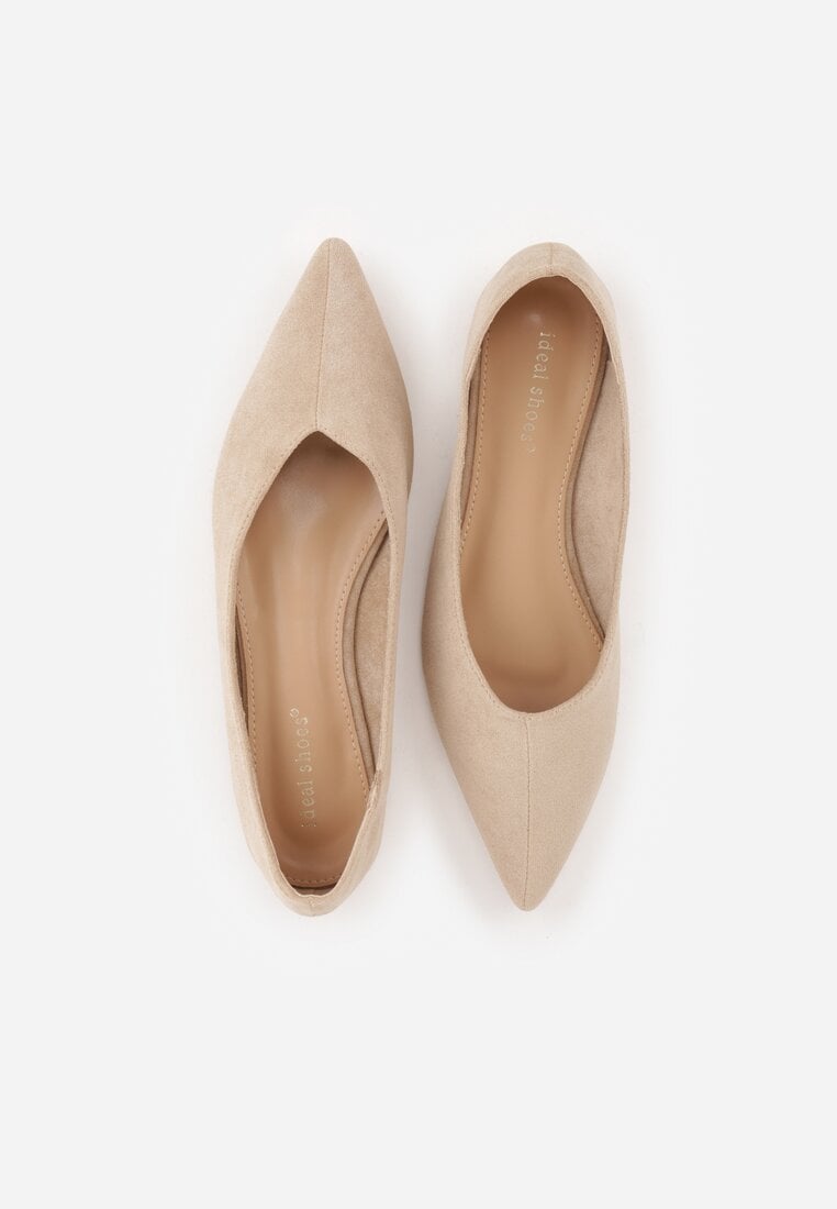Beżowe Balerinki z Imitacji Zamszu ze Szpiczastym Noskiem Melikel