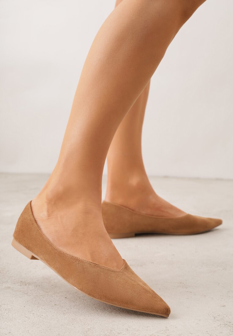 Jasnobrązowe Balerinki z Imitacji Zamszu ze Szpiczastym Noskiem Melikel