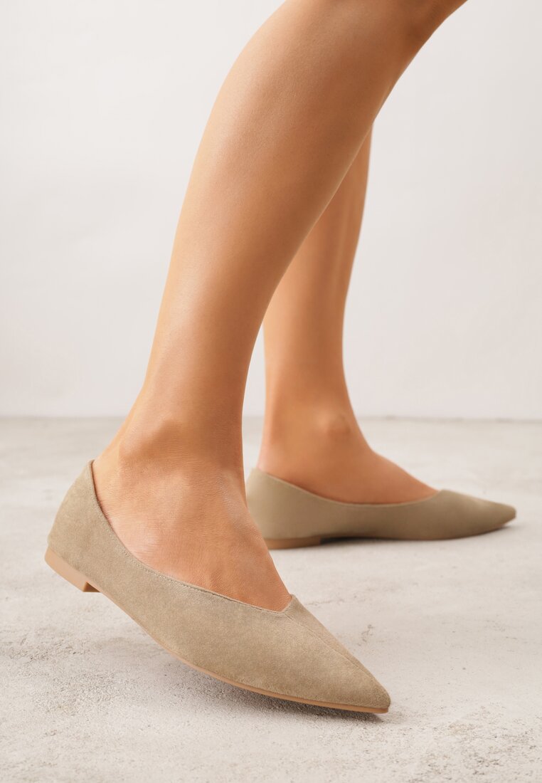Ciemnobeżowe Balerinki z Imitacji Zamszu ze Szpiczastym Noskiem Melikel