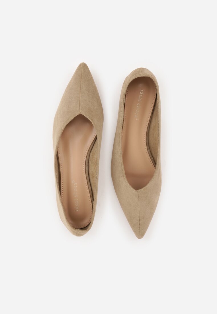 Ciemnobeżowe Balerinki z Imitacji Zamszu ze Szpiczastym Noskiem Melikel