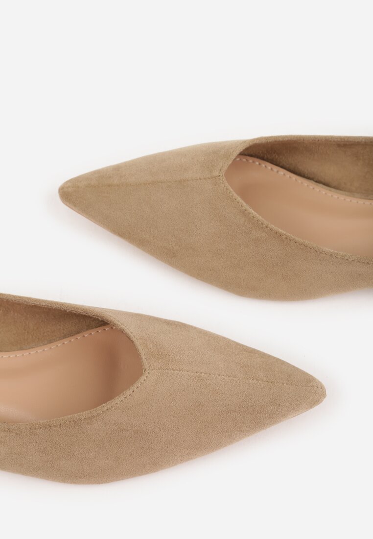 Ciemnobeżowe Balerinki z Imitacji Zamszu ze Szpiczastym Noskiem Melikel