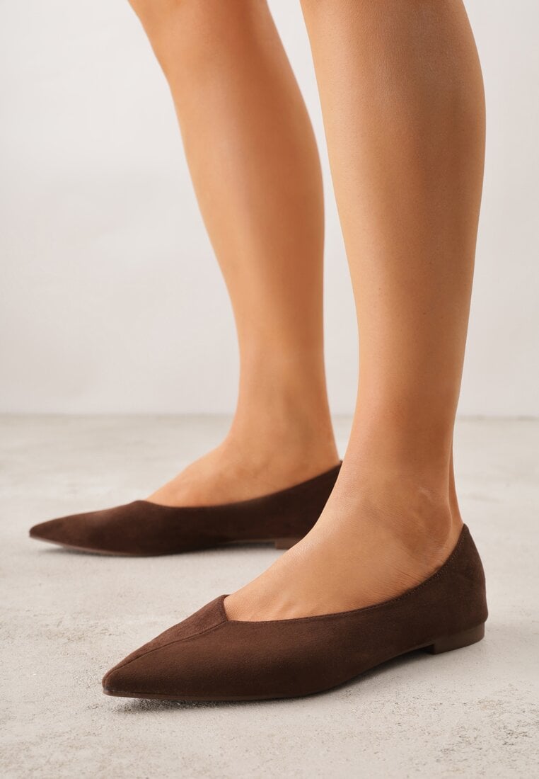 Brązowe Balerinki z Imitacji Zamszu ze Szpiczastym Noskiem Melikel