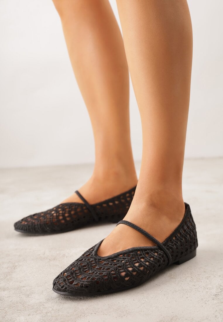 Czarne Balerinki Mary Jane z Ażurową Cholewką Imitującą Plecionkę Timina