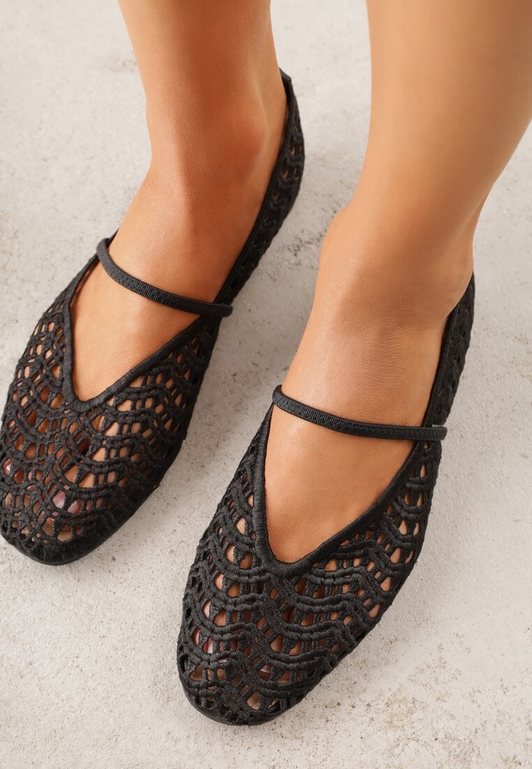 Czarne Balerinki Mary Jane z Ażurową Cholewką Imitującą Plecionkę Timina